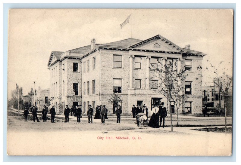 c1910 Men in Formal Attire, City Hall Mitchell South Dakota SD Postcard