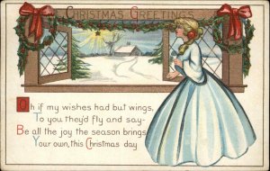 Christmas Beautiful Girl in Gown Looking Out Window c1910 Vintage Postcard