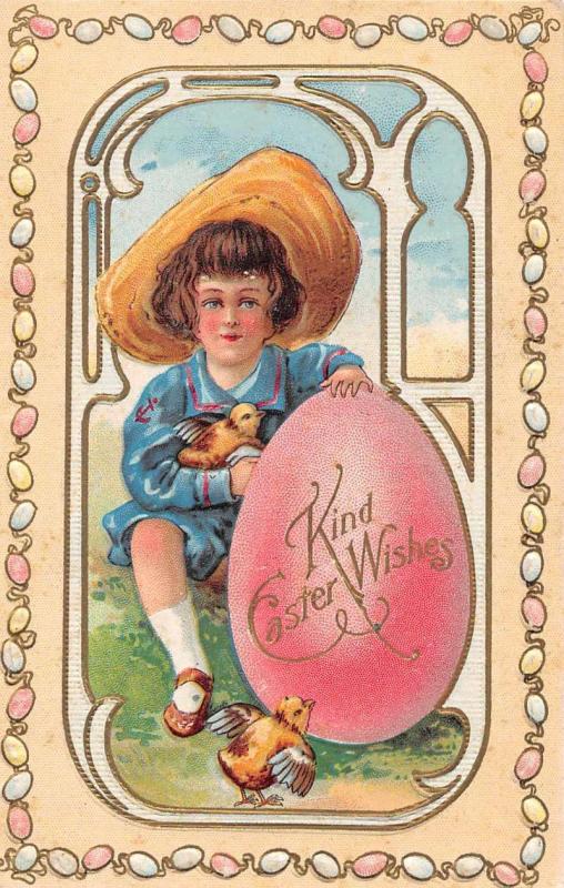 Easter Greetings Boy with Chicks and Giant Egg Antique Postcard J55672