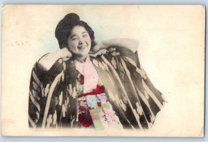 1911 Japanese Woman Smiling Kimono USS Supply Geneva NE Antique Postcard