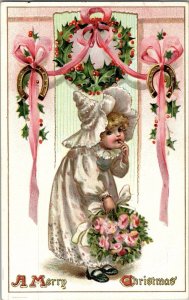 Vintage Tuck Merry Christmas Postcard Girl with Wreath & Horseshoes KJ6