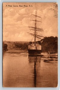 1929 Bear River Nova Scotia Postcard Tall Ship Sailing River Scene