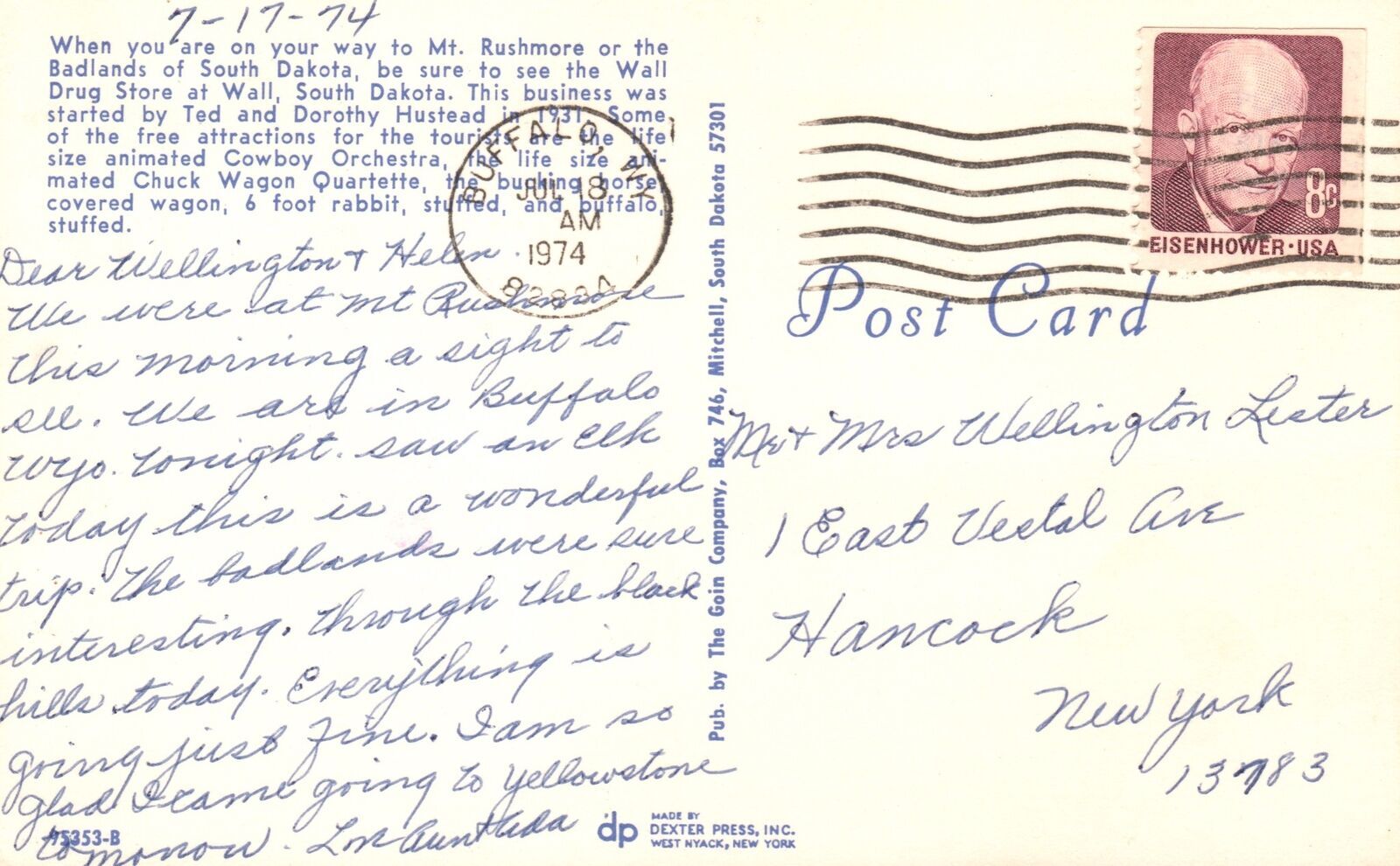 Vintage Postcard 1974 Greetings from Wall Drug Mount Rushmore Wall