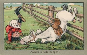 Jockey Horse Race Racing Jump Accident Old Disaster Comic Postcard