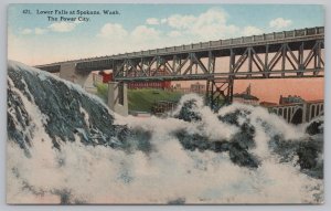 State View~Lower Falls & Bridge @ Spokane Washington The Power City~Vintage PC