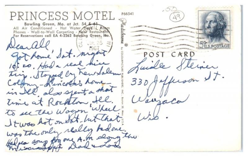 1967 Princess Motel, Bowling Green, MO Postcard