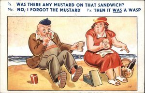 Beach Picnic Man Eats Wasp Comic Vintage Postcard