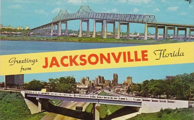 Florida Jacksonville Greetings Showing Skyline and John E Mathews Bridge