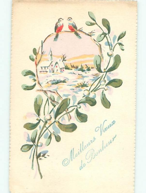 Pre-1920 Handmade One-Of-A-Kind Postcard BIRDS WITH CHRISTMAS MISTLETOE AC6564