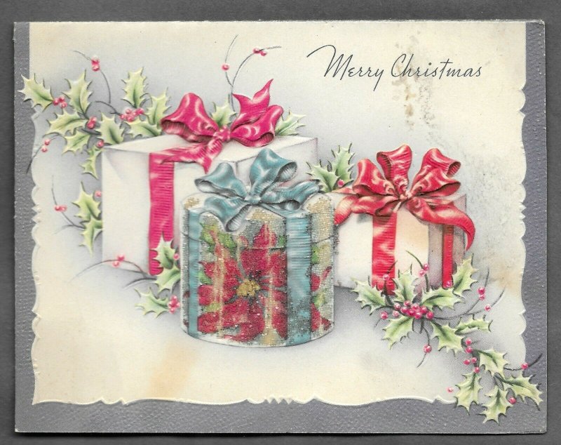 VINTAGE 1940s WWII ERA Christmas Greeting Holiday Card GLITTER PRESENTS HOLLY