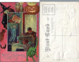 ANTIQUE EMBOSSED HALLOWEEN POSTCARD - WITCH OWL JACK-O-LANTERN