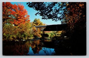 Autumn View Vermont Covered Bridge Crossing Saxtons River Vintage Postcard 0043