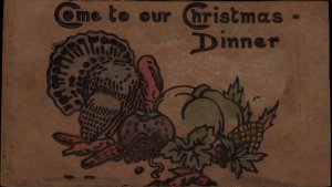 Christmas Turkey Come to Dinner Real Leather Novelty c1910 Postcard