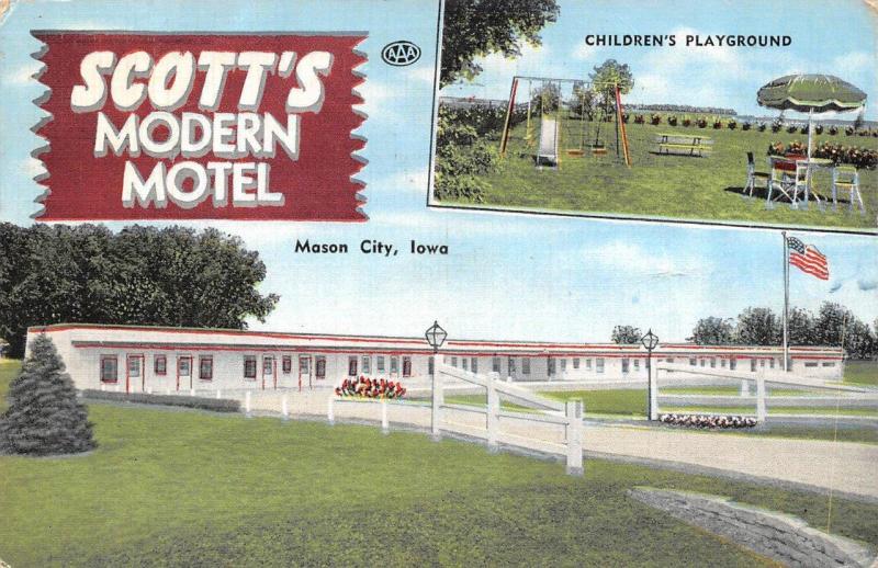 MASON CITY,  IA  Iowa  SCOTT'S MODERN MOTEL  Playground  Roadside  1954 Postcard