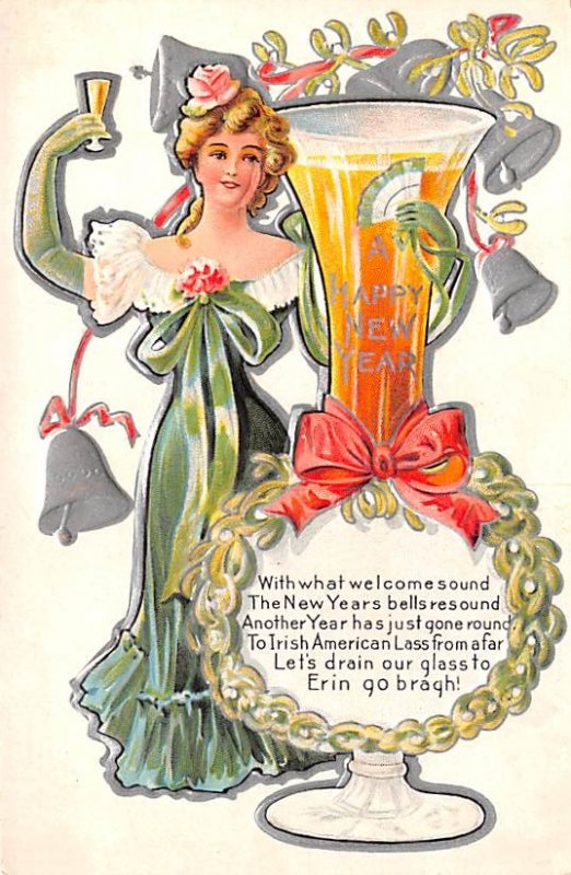 New Years Post Card Irish American New Years Greeting Woman Giving Cheers Unused