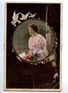 241302 GERMANY girl PIGEONS roses Vintage RPPC
