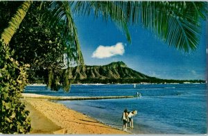 Vintage Waikiki Beach with Diamond Head in the distance on Oahu Hawaii Postcard