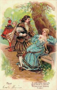 Romantic Scene Blue Embossed Dress Fantasy Vintage Postcard 06.45