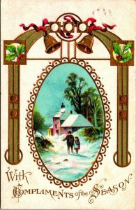 Compliments of the Season Bells Christmas Cabin Scene 1910 Postcard Embossed