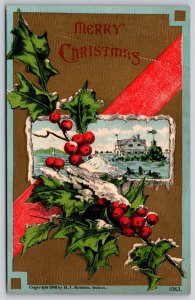 Holiday~Merry Christmas~House Scene W/ Holly On Gold Background~Emb~Vintage PC