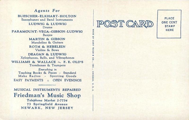 Vintage Multiview Postcard; Friedman's Music Shop, Newark NJ unposted Nice