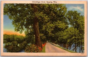 Sparta Wisconsin, 1960 Greetings, Driveway, Riverside, Up Lined Trees, Postcard