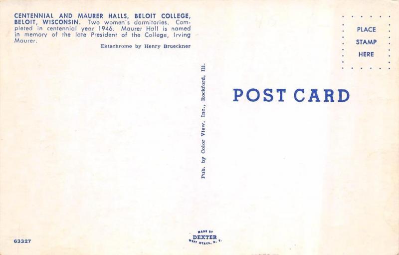 WI, Wisconsin BELOIT WISCONSIN~Centennial & Maurer Halls  Women's Dorms Postcard