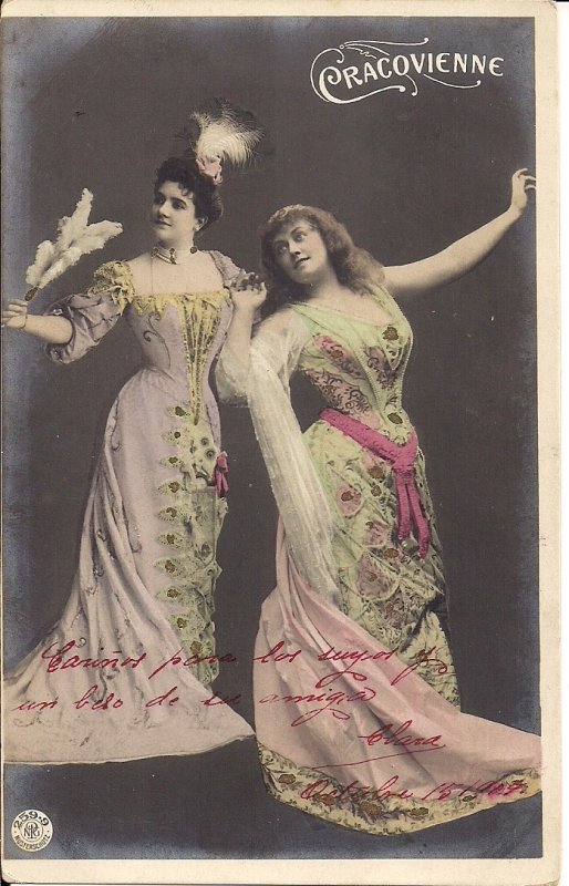 RPPC Tinted, Beautiful Women, Cracovienne Krakow Poland, Folk Dance, Dress 1907