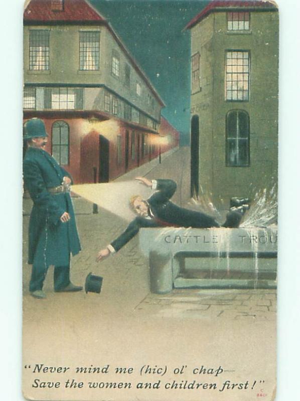 Bamforth Comic POLICE OFFICER FINDS DRUNK MAN IN CATTLE TROUGH AB9791