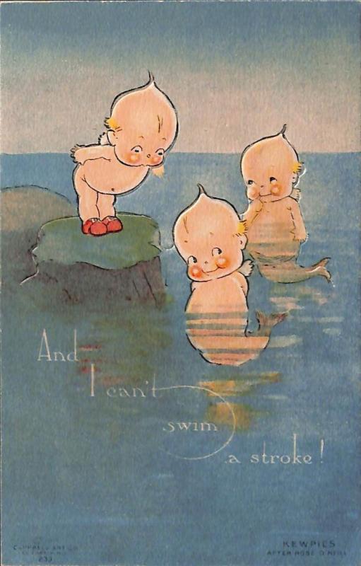 Rose O' Neill Kewpie And I cain't swim a stroke! Postcard