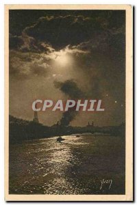 Old Postcard Paris Strolling moon on the Seine Eiffel Tower