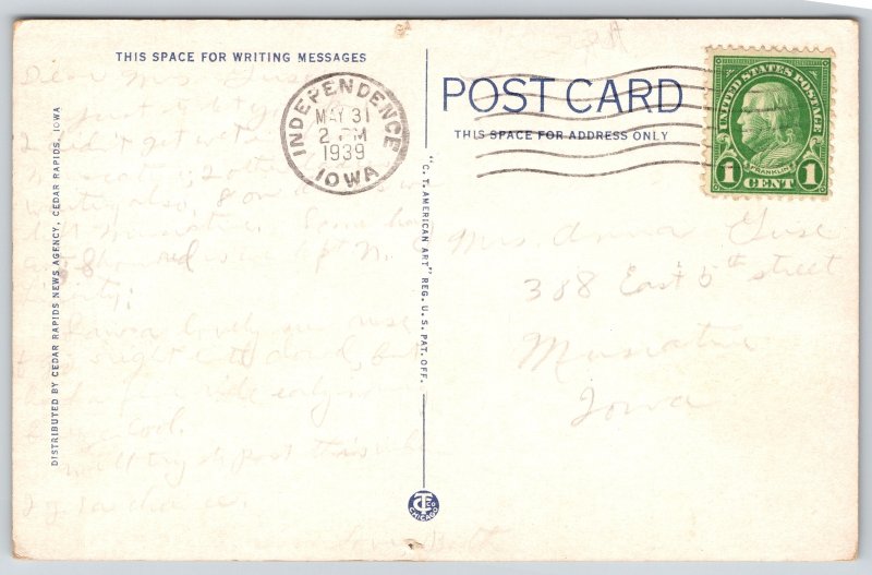 Cedar Rapids Iowa~Cedar River North View~PM 1939~Vintage Linen Postcard