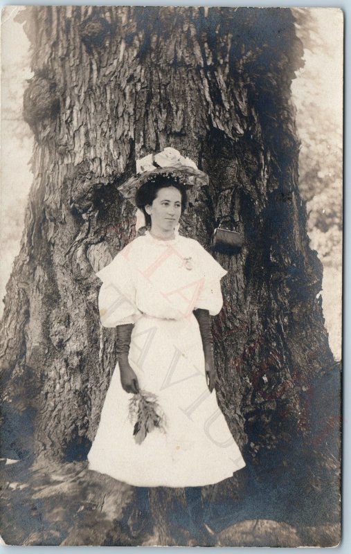 ID'd c1910s Cute Young Lady RPPC Victorian Girl Tree PC Moore Barritt Voker A217