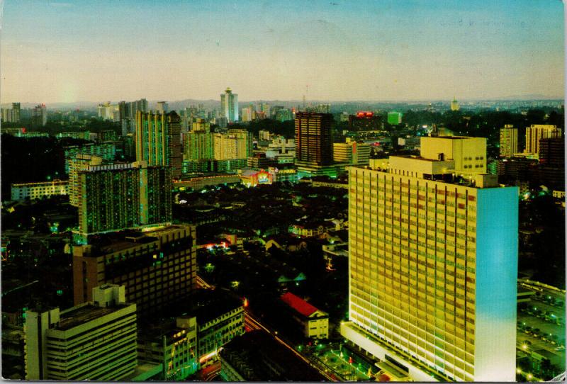 Night View of Singapore City with Stamps c1976 Vintage Postcard D92