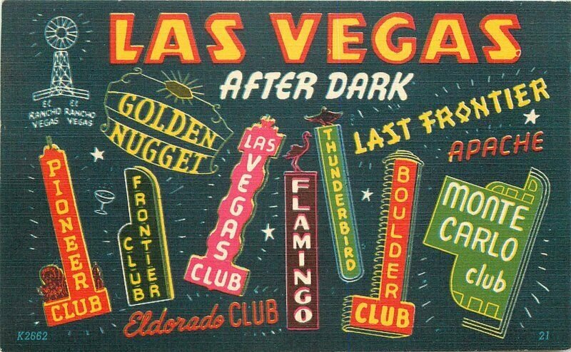 1940s Las Vegas Nevada Casino Clubs Neon Signage After Dark Postcard