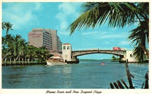 Vintage Postcard River And New Dupont Plaza On Left Biscayne Bay Miami Florida