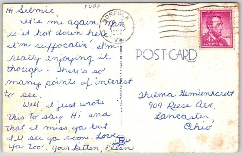 Norfolk Virginia 1953 LARGE LETTER Greetings Postcard