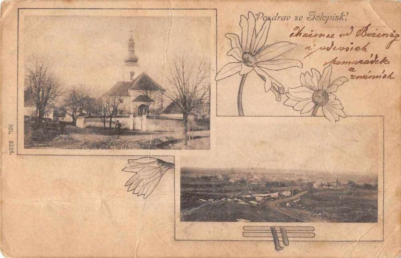 Solopisk Czech Republic Church and Birds Eye View Antique Postcard J64042