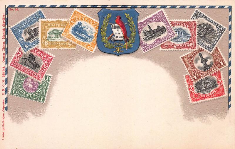 Guatemala, Classic Stamps in Actual Colors, Early Embossed Postcard, Unused