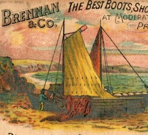 1870s-80s Brennan & Co. Boots Shoes & Slippers Boston Harbor Scene Boat P230