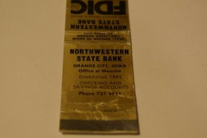 Northwestern State Bank Orange City Iowa 20 Strike Matchbook Cover