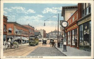 Malden MA Storefronts & Trolley on Pleasant St. c1920 Postcard