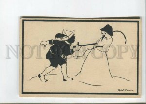 471974 NEW YEAR Boy SNOWMAN Silhouette FENCING Vintage postcard