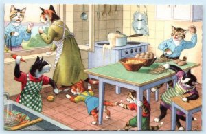 Mainzer DRESSED CATS Anthropomorphic FOOD FIGHT Kitchen #4853 Belgium Postcard