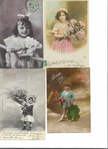 Children. Little GIRLS Scenes Lot of 4 Old vintage French postcards 1900-1920s