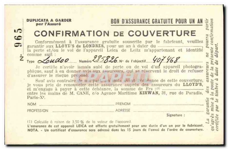 Old Postcard insurance coverage Confirmation Lloyd & # 39s Agence Maritime Ki...