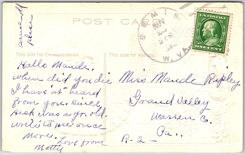 1912 Thanksgiving Greetings Wild Turkey Embossed Back Posted Postcard