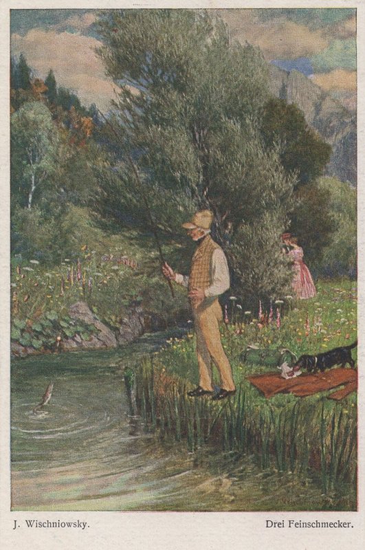 Wischniowsky Drei Feinschmecker Fishing Antique Painting Postcard