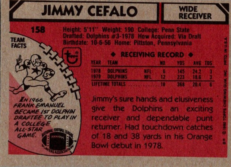 1980 Topps Football Card Jimmy Cefalo WR Miami Dolphins sk0040