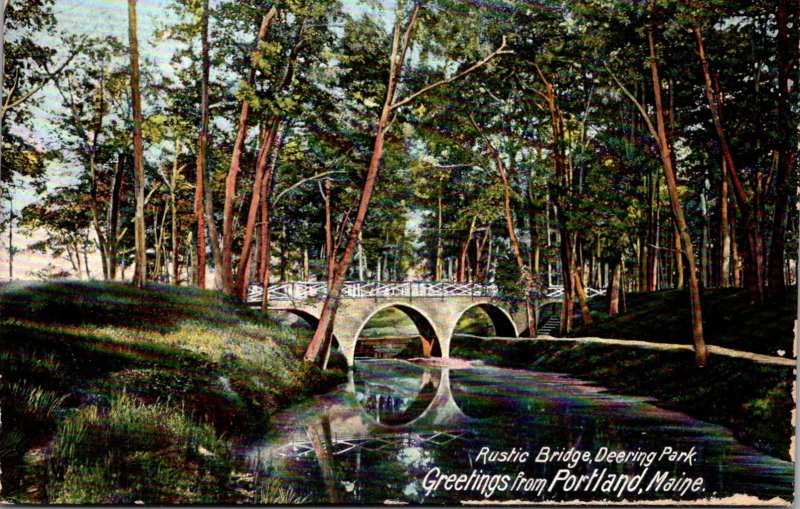 Maine Portland Greetings Showing Rustic Bridge In Deering Park 1908